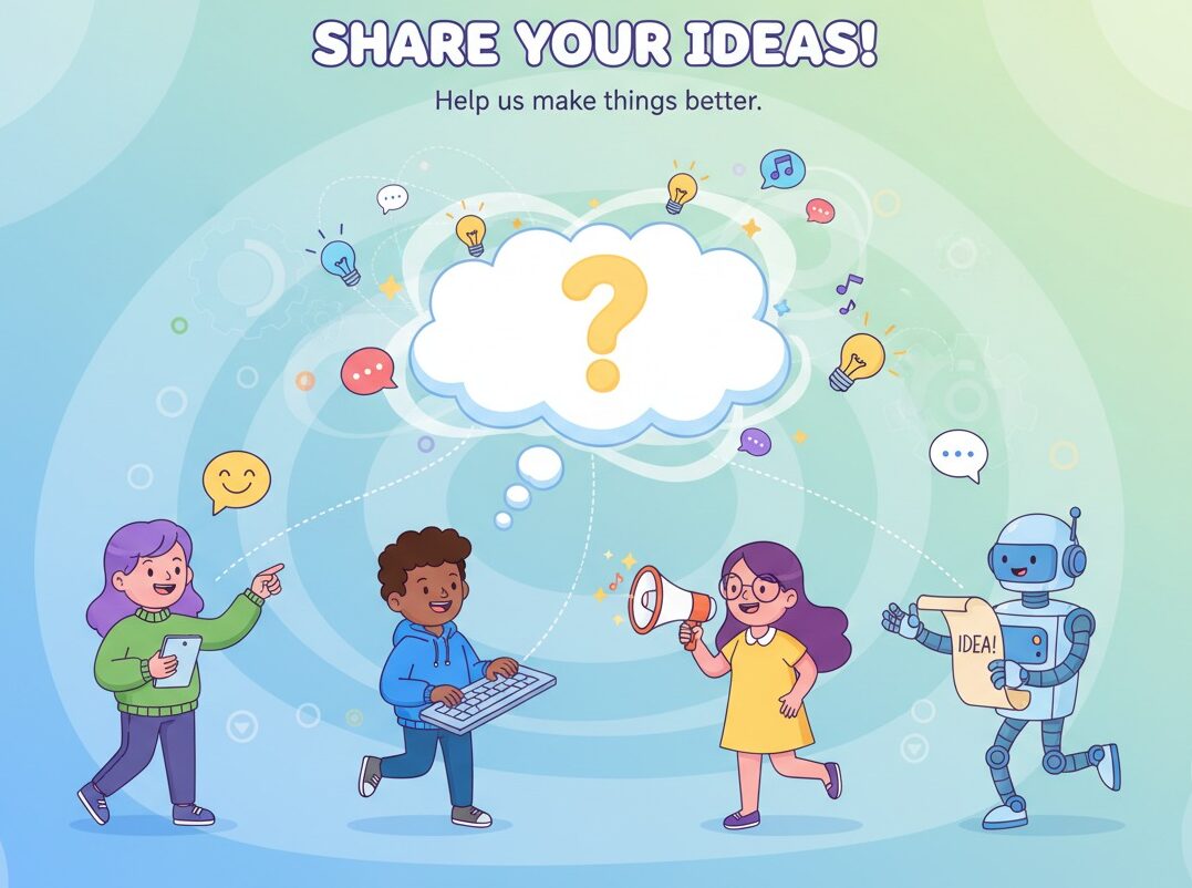 A diverse group of people and a robot gather under a large thought bubble with a question mark to share ideas.