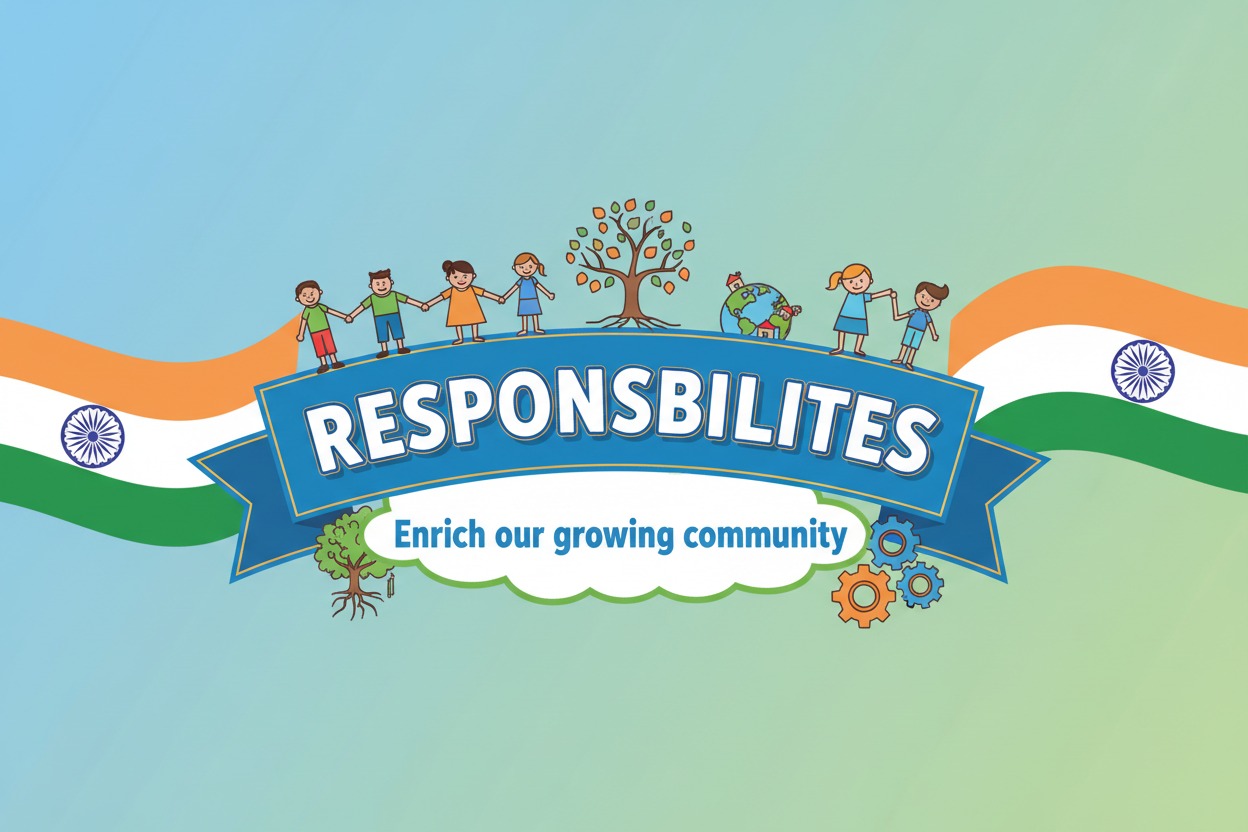 A banner featuring the word "RESPONSIBILITES" and the slogan "Enrich our growing community" surrounded by illustrations of children, a tree, a globe, and the Indian flag.